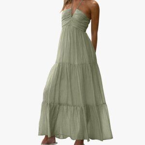 Halter Neck Boho Long Backless Ruffle Hem Flowy Tiered Maxi Sundress